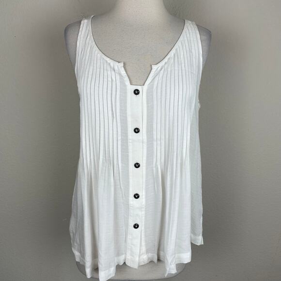 Maeve White Pleated Button  Tank Top 8 - Picture 2 of 9
